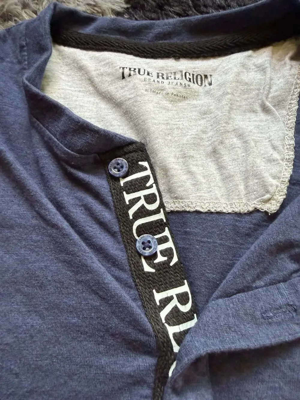 True Religion Men's Long Sleeve Henley Shirt in Navy Blue with Logo Embroidery